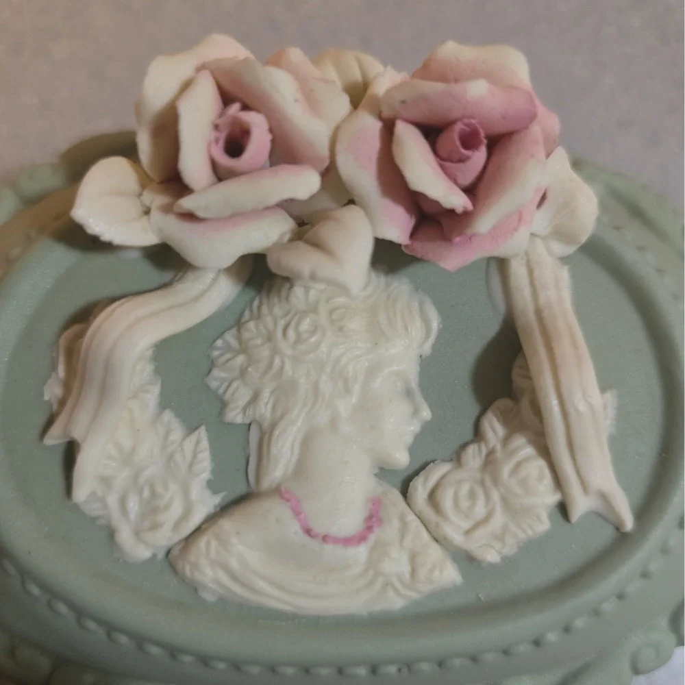 Vintage Victorian Cameo Trinket Box, Sage Green And Ivory Matte, Vanity Decor